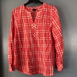 Talbots Women's L Large Orange Plaid Long Sleeves V-Neck Blouse Top